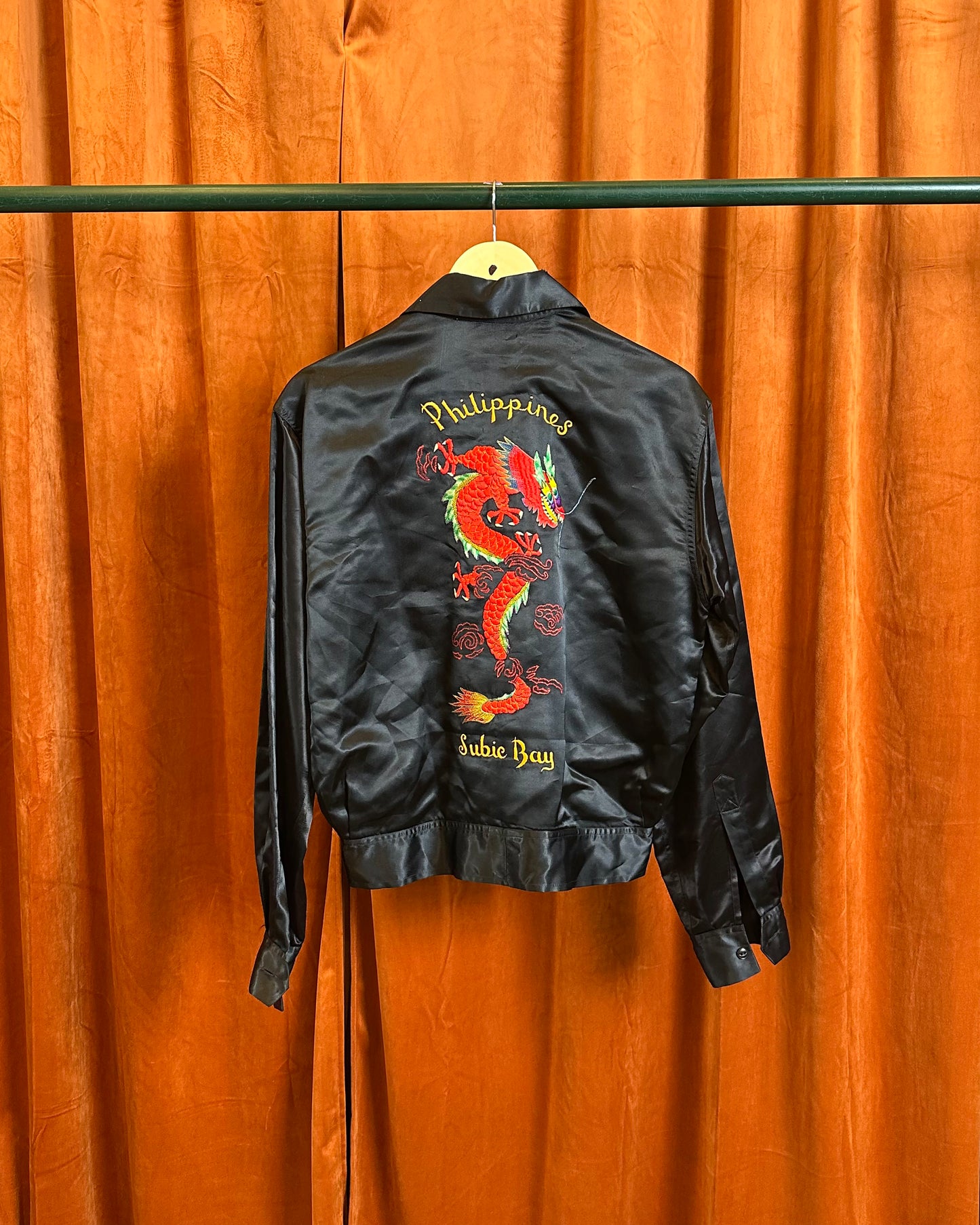 60s Philippines 'Subie Bay' Red Dragon Souvenir Satin Jacket